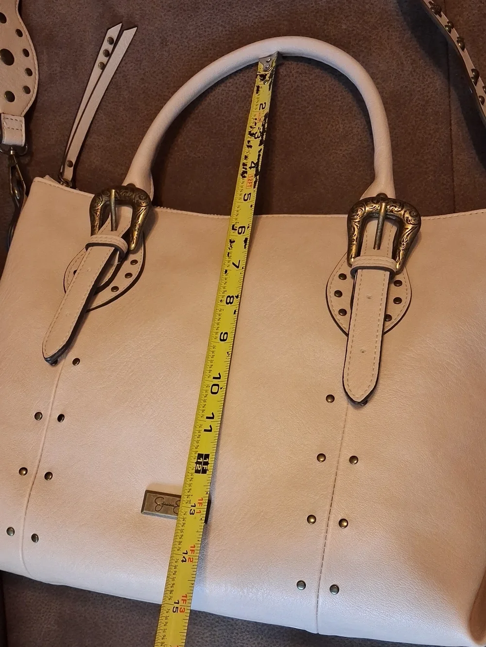 Jessica Simpson Beige Women's Faux Leather Tote Bag with Decorative Buckles